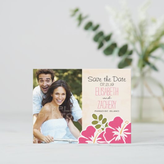 Carte Postale Faire-part Fuchsia Hibiscus Hawaiian Enregistrer la date Cart (Debout devant)