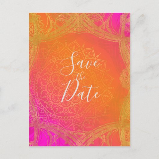 Carte Postale Faire-part Fuchsia Pink Orange & Gold Mandala Enregistrer la  (Devant)