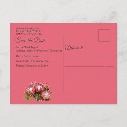 Carte Postale Faire-part Fuchsia Protea's avec Blush & Gold Enregistrer la (Dos)