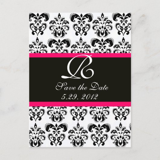 CARTE POSTALE FAIRE-PART FUCHSIA ROSE NOIR ET MONOGRAMME DE DOMMAS BLANC (Devant)