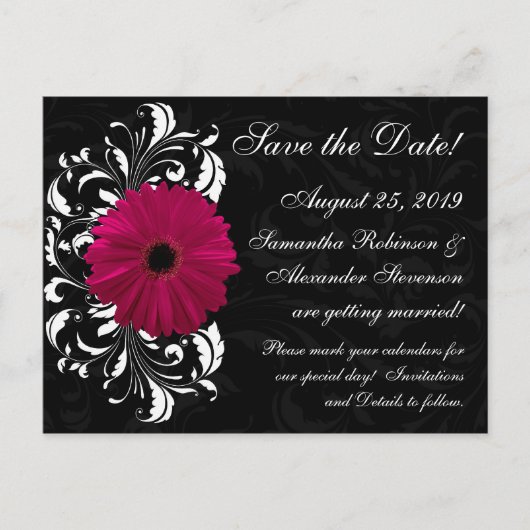 Carte Postale Faire-part Fuchsia Scroll Gerbera Daisy Black Enregistrer la  (Devant)