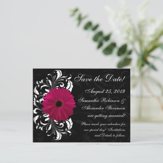 Carte Postale Faire-part Fuchsia Scroll Gerbera Daisy Black Enregistrer la  (Debout devant)
