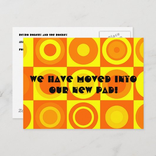 Carte Postale Faire-part Funky Rétro Orange Jaune Cercle Changement d'Adres (Devant / Derrière)