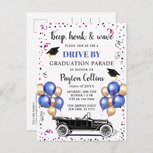 Carte Postale Faire-part Funny Class of 2024 DRIVE BY Graduation Party (Devant / Derrière)
