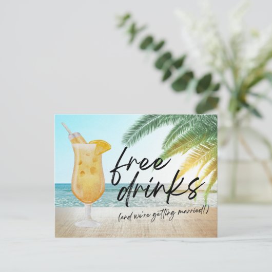 Carte Postale Faire-part Funny Free Drinks Beach Wedding Enregistrer la dat (Debout devant)