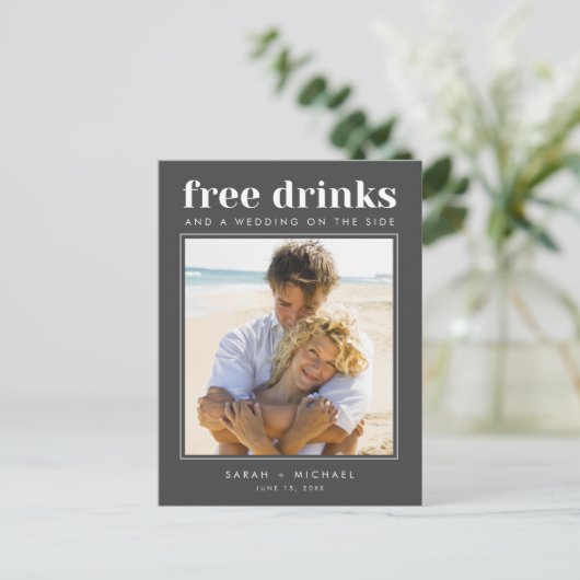 Carte Postale Faire-part Funny Free Drinks Mariage Photo Enregistrer la dat (Debout devant)