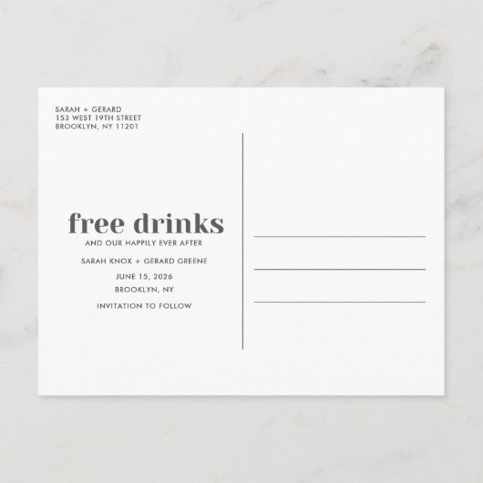Carte Postale Faire-part Funny Free Drinks Mariage Photo Enregistrer la dat (Dos)