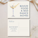 Carte Postale Faire-part Funny Mariage unique Enregistrer la date<br><div class="desc">Faites de votre faire-part un moment inoubliable grâce à ce mariage unique et amusant, sauvez les cartes postales datées! Doté d'un design ludique en verre de champagne et d'une bague pétillante à l'intérieur, l'avant déclare avec audace "Booze, food, and bad dance move", parfait pour les couples qui aiment célébrer avec...</div>