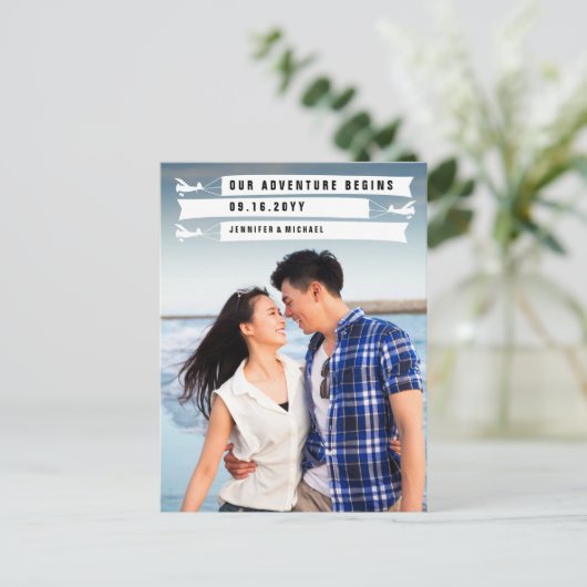 Carte Postale Faire-part Funny Our Adventure commence le Mariage photo (Debout devant)