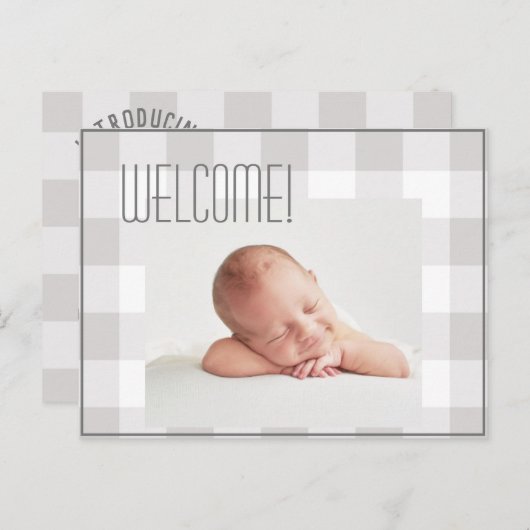 Carte Postale Faire-part Garçon Fille Gris Vérification Nom Naissance Stati (Devant / Derrière)