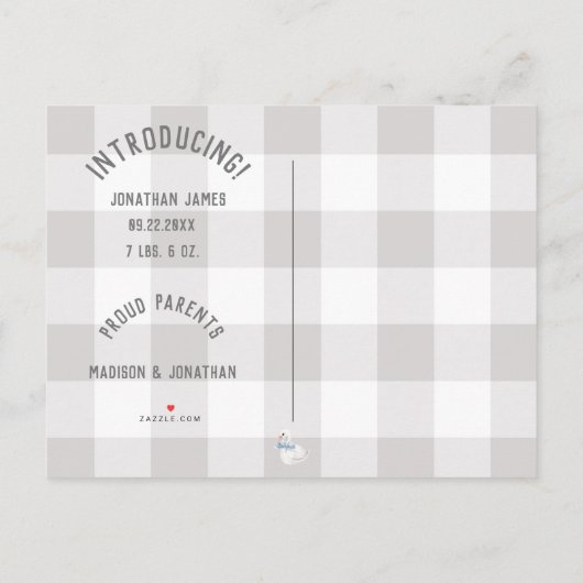 Carte Postale Faire-part Garçon Fille Gris Vérification Nom Naissance Stati (Dos)