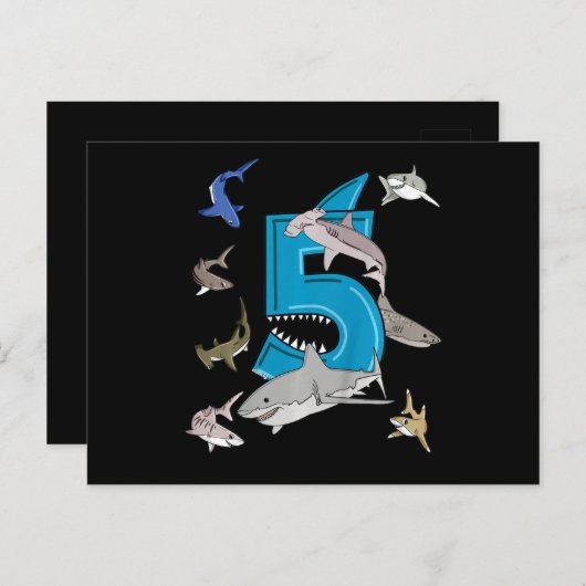 Carte Postale Faire-part Garçons 5ème Anniversaire Requin Requin Blanc (Devant / Derrière)