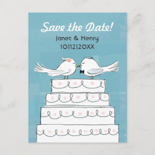 Carte Postale Faire-part Gâteau de mariage Love Birds Kiss Save the Date
