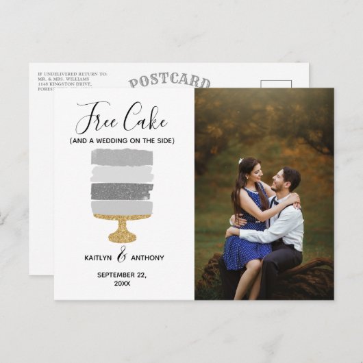 Carte Postale Faire-part Gâteau gratuit Photo drôle moderne Mariage Sauvega (Devant / Derrière)