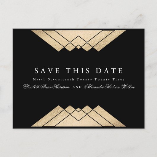 Carte Postale Faire-part Gatsby Géométrique Noir Or Enregistrer La Date (Devant)
