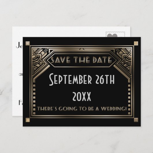 Carte Postale Faire-part Gatsby Gold Shaded Art Déco Mariage Enregistrer la (Devant / Derrière)