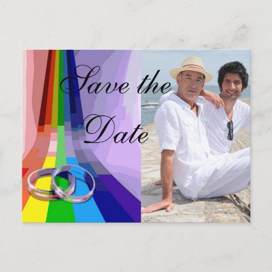 Carte Postale Faire-part Gay Rainbow et anneaux de mariage Enregistrer la d (Devant)