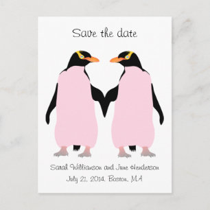 Carte Postale Faire-part Gay Sauvez la date, pingouins roses