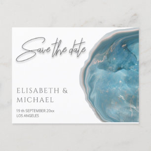 Carte Postale Faire-part Géode Agate bleu rose or calligraphie