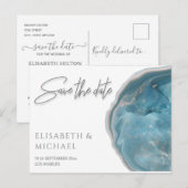 Carte Postale Faire-part Géode Agate bleu rose or calligraphie (Devant / Derrière)