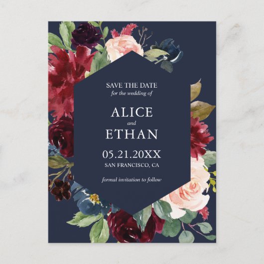 Carte Postale Faire-part Geometric Burgundy Et Bleu Marine Save The Date (Devant)