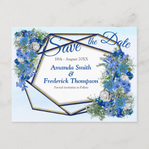Carte Postale Faire-part Géométrique Gold-Navy & Blue Flowers Enregistrer l