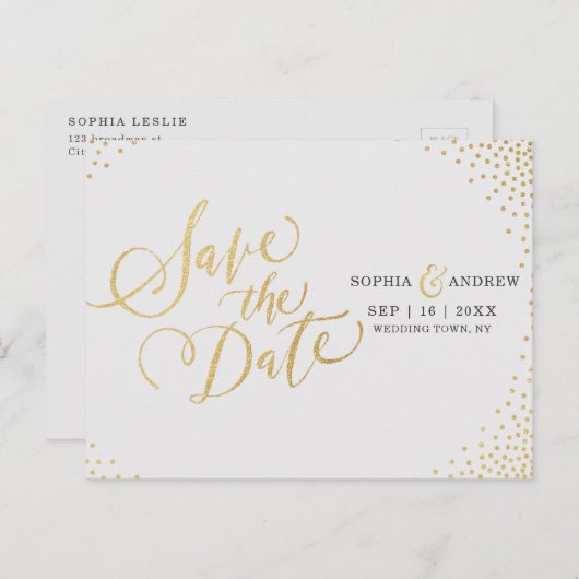 Carte Postale Faire-part Glam faux or parties scintillant calligraphie enre (Devant / Derrière)