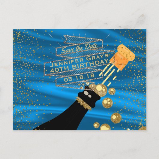 Carte Postale Faire-part Glam Gold Blue Enregistrer la date Champagne Anniv (Devant)