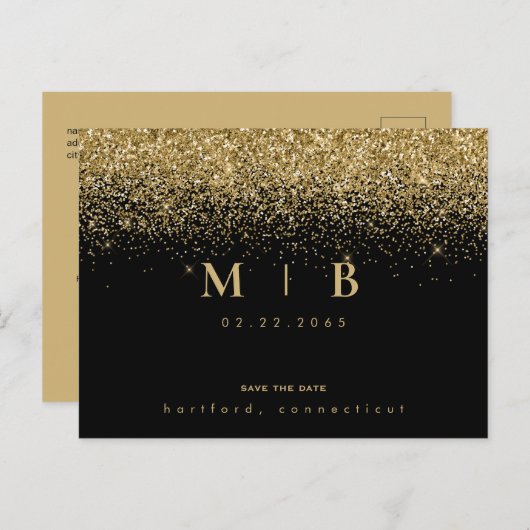 Carte Postale Faire-part Glam Gold Monogramme Noir Enregistrer la date (Devant / Derrière)