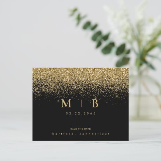 Carte Postale Faire-part Glam Gold Monogramme Noir Enregistrer la date (Debout devant)