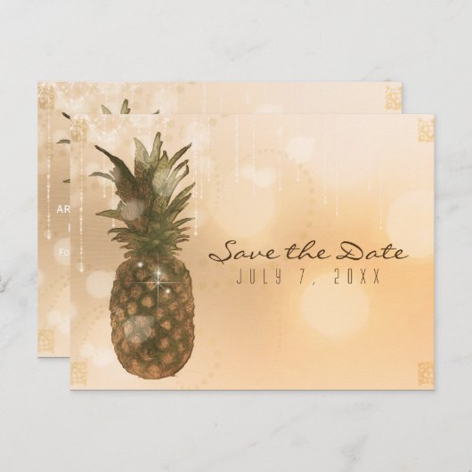 Carte Postale Faire-part Glamour Ananas Doré Élégant Enregistrer la Date (Devant / Derrière)