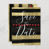 Carte Postale Faire-part Glamour Moderne Noir & Or Cœurs Rouges Économisez (Devant / Derrière)