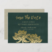 CARTE POSTALE FAIRE-PART GLAMOUR OR GLAMOUR VERTE LOTUS FLEUR SAVE THE DATE (Devant / Derrière)