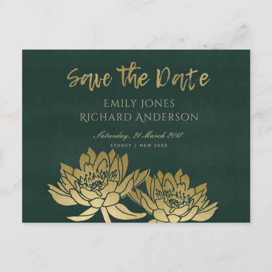 CARTE POSTALE FAIRE-PART GLAMOUR OR GLAMOUR VERTE LOTUS FLEUR SAVE THE DATE (Devant)
