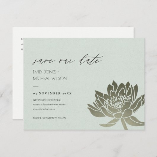 CARTE POSTALE FAIRE-PART GLAMOUR PALE BLEU ARGENTÉ LOTUS ENREGISTRER LA DAT (Devant / Derrière)