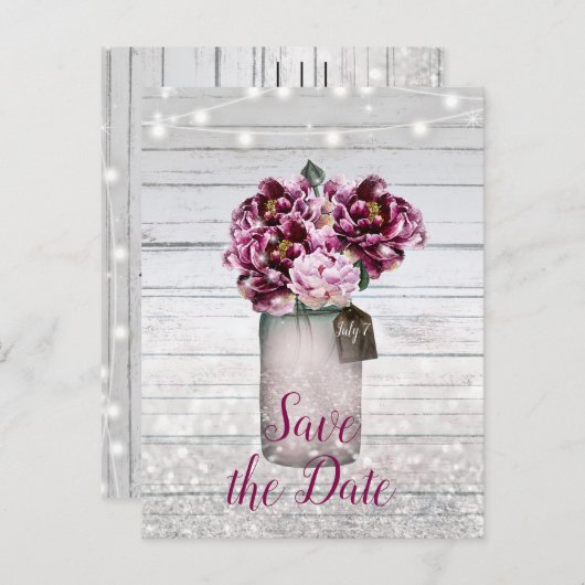 Carte Postale Faire-part Glamour rustique Bois Bourgogne Mason Jar Enregist (Devant / Derrière)