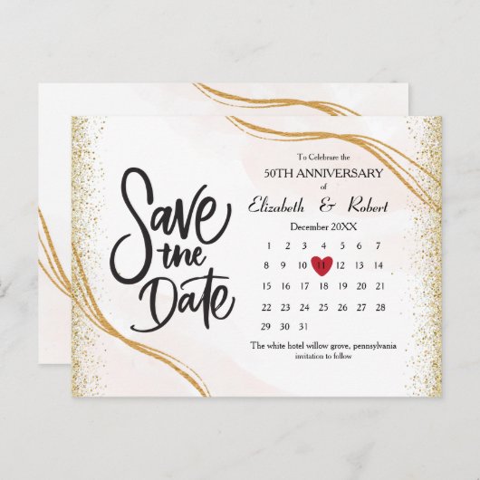 Carte Postale Faire-part Gold 50th Anniversary Gliter The Date Calendar (Devant / Derrière)