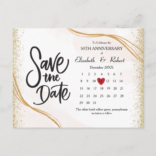 Carte Postale Faire-part Gold 50th Anniversary Gliter The Date Calendar (Devant)