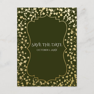 Carte Postale Faire-part Gold Baby's Breath Floral Rustic Green Save Date