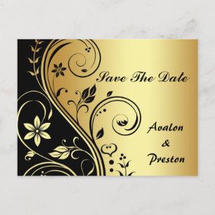 Carte Postale Faire-part Gold & Black Floral Scroll Enregistrer La Date Car