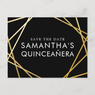 Carte Postale Faire-part Gold Black Modern Quinceañera Enregistrer la date