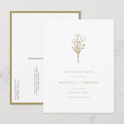 Carte Postale Faire-part Gold Boho Botanical QR Code Enregistrer la date (Devant / Derrière)