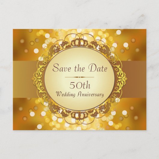 Carte Postale Faire-part Gold Bokeh Enregistrer la date 50e anniversaire (Devant)