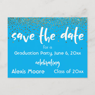 Carte Postale Faire-part Gold Confetti Blue Graduation Party Enregistrer la