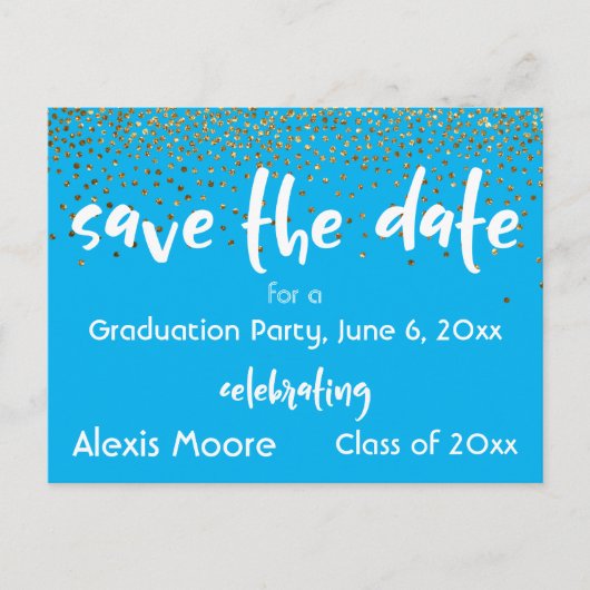 Carte Postale Faire-part Gold Confetti Blue Graduation Party Enregistrer la (Devant)