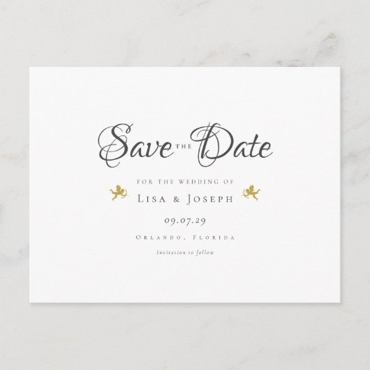 Carte Postale Faire-part Gold Cupids Script élégant Enregistrer la date (Devant)