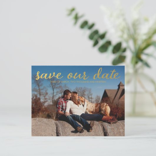 Carte Postale Faire-part Gold Enregistrer notre date Photo Overcard (Debout devant)