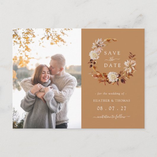 Carte Postale Faire-part Gold Fall Wreath Mariage Photo Enregistrer la date (Devant)
