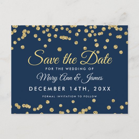 Carte Postale Faire-part Gold Faux Parties scintillant Confetti Marine Bleu (Devant)
