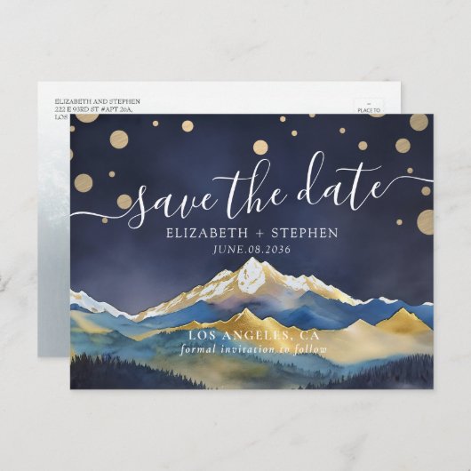 Carte Postale Faire-part Gold Foil Mountains Mariage Photo Enregistrer la d (Devant / Derrière)